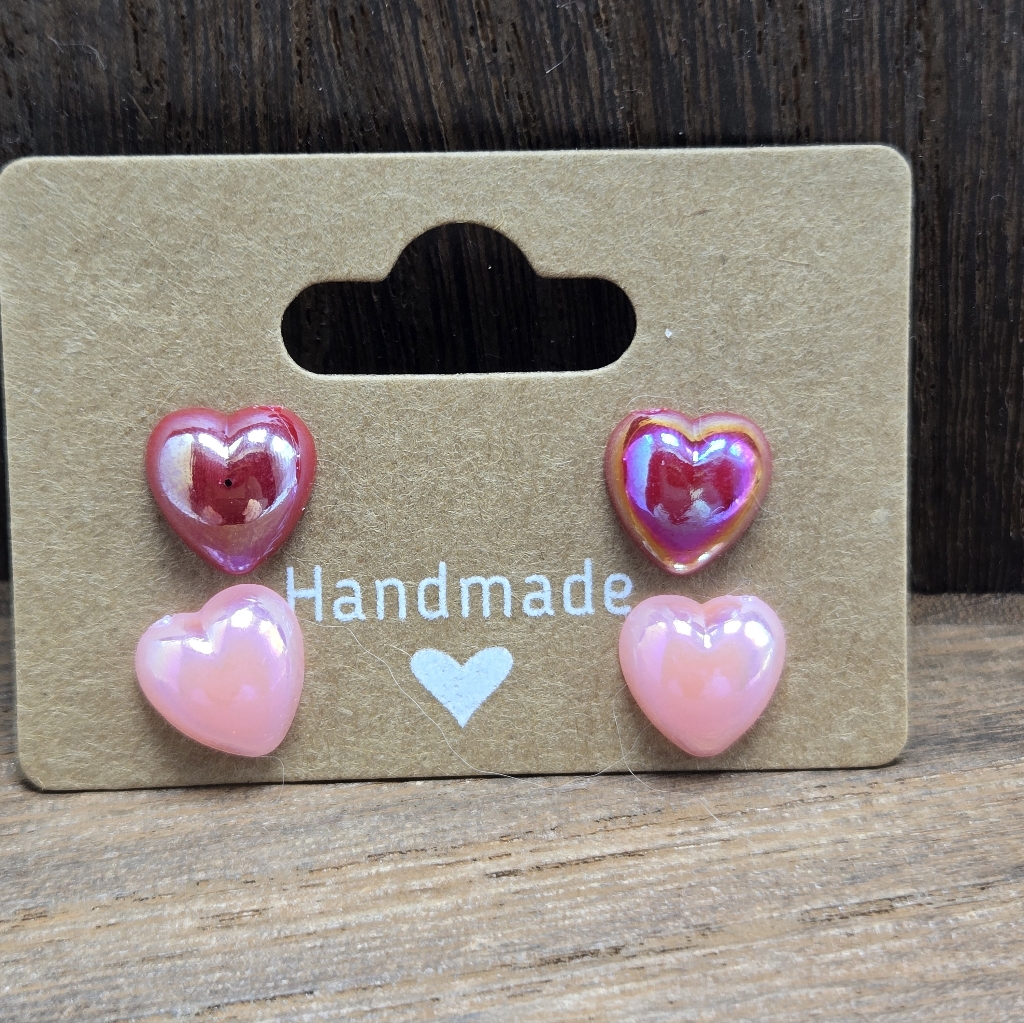 Lot Of 2 Resin Red Pink Heart Earrings Pierced Studs Jewelry Handmade Fashion